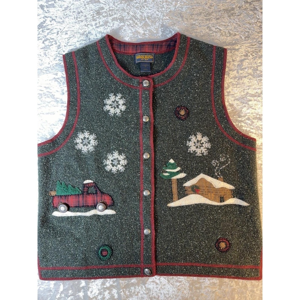 Woolrich Vest Women M Vintage Lambswool Silk Christmas Applique Cottagecore‎